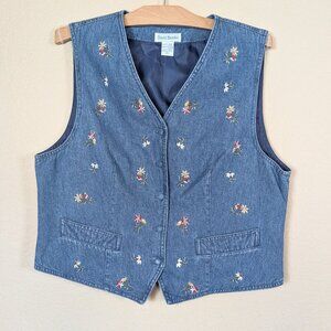 VTG 90s David Brooks Denim Vest Floral Embroidered Lined sz L Cottagecore Fairy